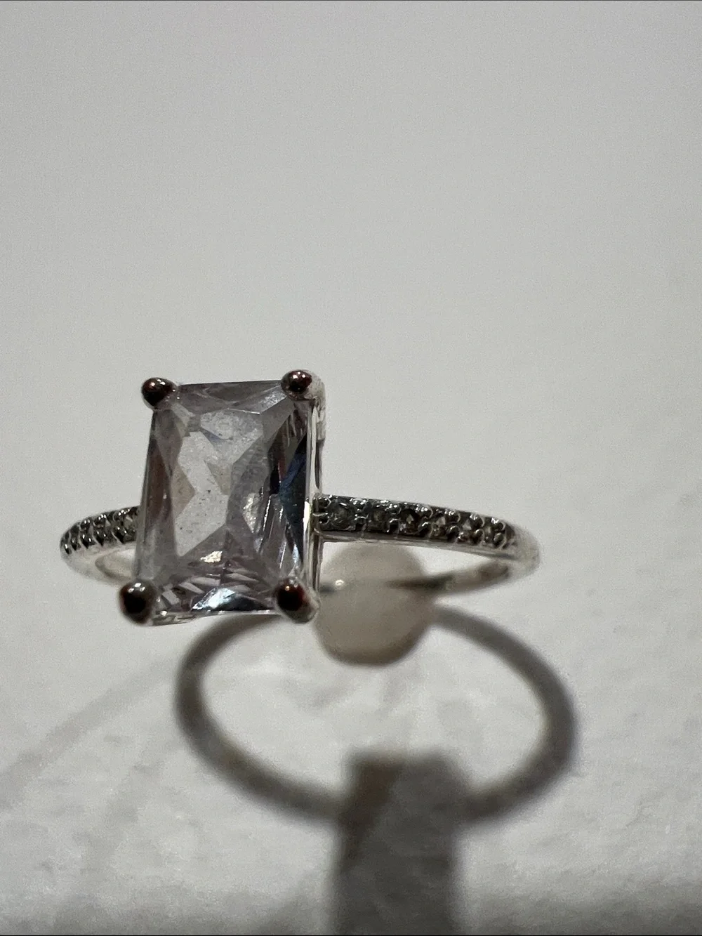 Silver Emerald-Cut Clear Stone Ring - White